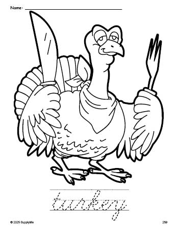 Free printable turkey Thanksgiving coloring page and cursive word tracing worksheet, perfect for preschool, pre-k, and kindergarten, PDF