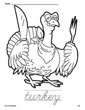 Free printable turkey Thanksgiving coloring page and cursive word tracing worksheet, perfect for preschool, pre-k, and kindergarten, PDF