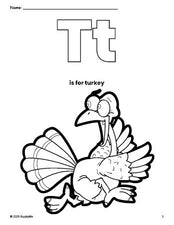 Free printable turkey Thanksgiving coloring page, letter t coloring page for preschool, pre-k, and kindergarten, PDF