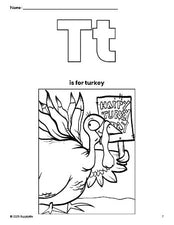 Free printable turkey Thanksgiving coloring page, letter t coloring page for preschool, pre-k, and kindergarten, PDF