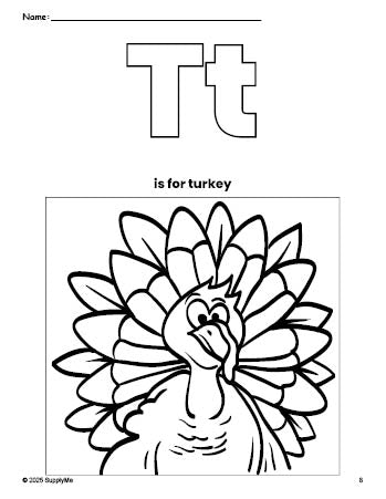 Free printable turkey Thanksgiving coloring page, letter t coloring page for preschool, pre-k, and kindergarten, PDF