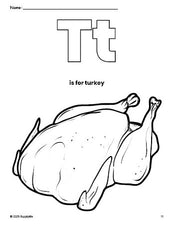 Free printable turkey Thanksgiving coloring page, letter t coloring page for preschool, pre-k, and kindergarten, PDF