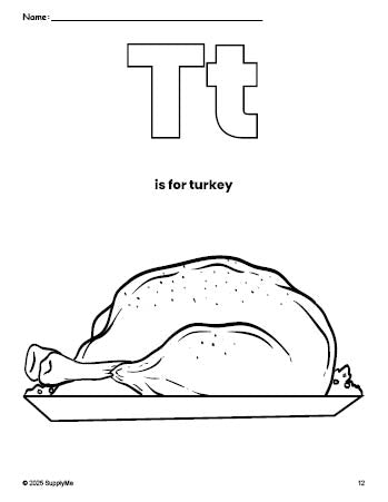 Free printable turkey Thanksgiving coloring page, letter t coloring page for preschool, pre-k, and kindergarten, PDF