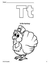 Free printable turkey Thanksgiving coloring page, letter t coloring page for preschool, pre-k, and kindergarten, PDF