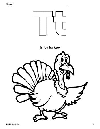 Free printable turkey Thanksgiving coloring page, letter t coloring page for preschool, pre-k, and kindergarten, PDF