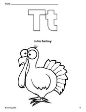 Free printable turkey Thanksgiving coloring page, letter t coloring page for preschool, pre-k, and kindergarten, PDF