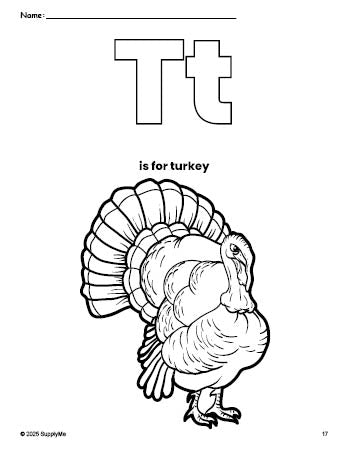 Free printable turkey Thanksgiving coloring page, letter t coloring page for preschool, pre-k, and kindergarten, PDF