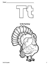 Free printable turkey Thanksgiving coloring page, letter t coloring page for preschool, pre-k, and kindergarten, PDF