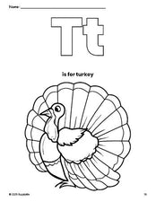 Free printable turkey Thanksgiving coloring page, letter t coloring page for preschool, pre-k, and kindergarten, PDF