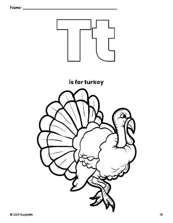 Free printable turkey Thanksgiving coloring page, letter t coloring page for preschool, pre-k, and kindergarten, PDF