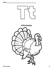 Free printable turkey Thanksgiving coloring page, letter t coloring page for preschool, pre-k, and kindergarten, PDF