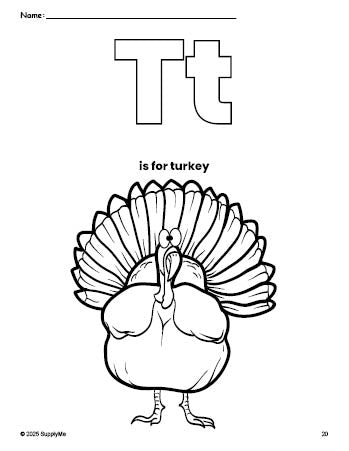 Free printable turkey Thanksgiving coloring page, letter t coloring page for preschool, pre-k, and kindergarten, PDF