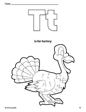 Free printable turkey Thanksgiving coloring page, letter t coloring page for preschool, pre-k, and kindergarten, PDF