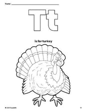 Free printable turkey Thanksgiving coloring page, letter t coloring page for preschool, pre-k, and kindergarten, PDF