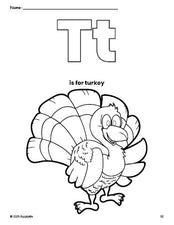 Free printable turkey Thanksgiving coloring page, letter t coloring page for preschool, pre-k, and kindergarten, PDF