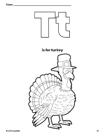 Free printable turkey Thanksgiving coloring page, letter t coloring page for preschool, pre-k, and kindergarten, PDF