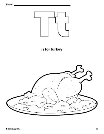 Free printable turkey Thanksgiving coloring page, letter t coloring page for preschool, pre-k, and kindergarten, PDF