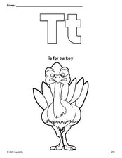 Free printable turkey Thanksgiving coloring page, letter t coloring page for preschool, pre-k, and kindergarten, PDF