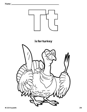 Free printable turkey Thanksgiving coloring page, letter t coloring page for preschool, pre-k, and kindergarten, PDF