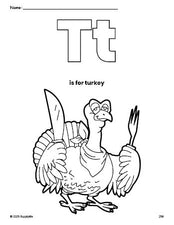 Free printable turkey Thanksgiving coloring page, letter t coloring page for preschool, pre-k, and kindergarten, PDF