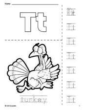 Free printable turkey Thanksgiving coloring page and letter tracing worksheet, letter t worksheet for preschool, pre-k, and kindergarten, PDF