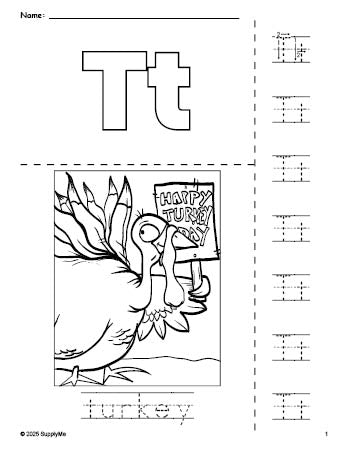 Free printable turkey Thanksgiving coloring page and letter tracing worksheet, letter t worksheet for preschool, pre-k, and kindergarten, PDF