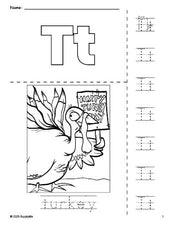 Free printable turkey Thanksgiving coloring page and letter tracing worksheet, letter t worksheet for preschool, pre-k, and kindergarten, PDF