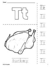 Free printable turkey Thanksgiving coloring page and letter tracing worksheet, letter t worksheet for preschool, pre-k, and kindergarten, PDF