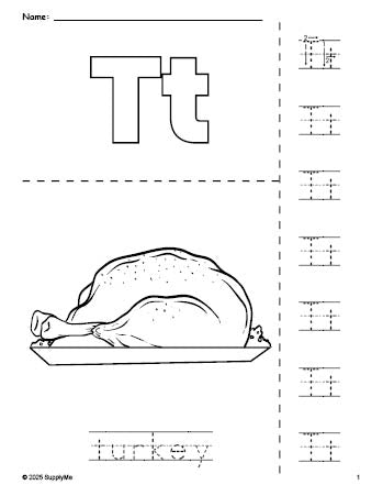 Free printable turkey Thanksgiving coloring page and letter tracing worksheet, letter t worksheet for preschool, pre-k, and kindergarten, PDF