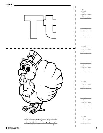 Free printable turkey Thanksgiving coloring page and letter tracing worksheet, letter t worksheet for preschool, pre-k, and kindergarten, PDF