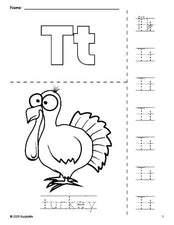 Free printable turkey Thanksgiving coloring page and letter tracing worksheet, letter t worksheet for preschool, pre-k, and kindergarten, PDF