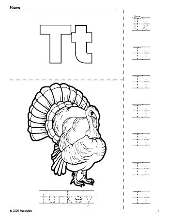 Free printable turkey Thanksgiving coloring page and letter tracing worksheet, letter t worksheet for preschool, pre-k, and kindergarten, PDF