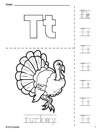 Free printable turkey Thanksgiving coloring page and letter tracing worksheet, letter t worksheet for preschool, pre-k, and kindergarten, PDF