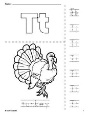 Free printable turkey Thanksgiving coloring page and letter tracing worksheet, letter t worksheet for preschool, pre-k, and kindergarten, PDF