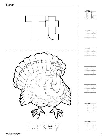 Free printable turkey Thanksgiving coloring page and letter tracing worksheet, letter t worksheet for preschool, pre-k, and kindergarten, PDF