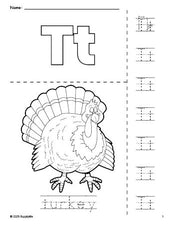 Free printable turkey Thanksgiving coloring page and letter tracing worksheet, letter t worksheet for preschool, pre-k, and kindergarten, PDF