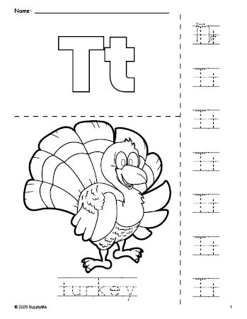 Free printable turkey Thanksgiving coloring page and letter tracing worksheet, letter t worksheet for preschool, pre-k, and kindergarten, PDF