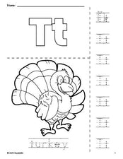 Free printable turkey Thanksgiving coloring page and letter tracing worksheet, letter t worksheet for preschool, pre-k, and kindergarten, PDF