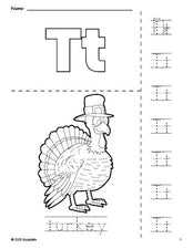 Free printable turkey Thanksgiving coloring page and letter tracing worksheet, letter t worksheet for preschool, pre-k, and kindergarten, PDF