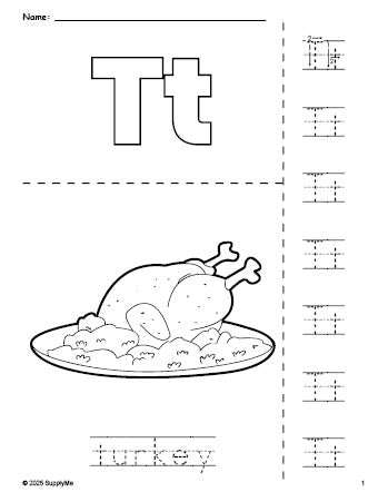 Free printable turkey Thanksgiving coloring page and letter tracing worksheet, letter t worksheet for preschool, pre-k, and kindergarten, PDF