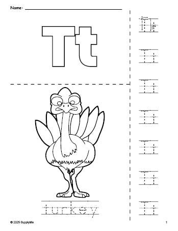 Free printable turkey Thanksgiving coloring page and letter tracing worksheet, letter t worksheet for preschool, pre-k, and kindergarten, PDF