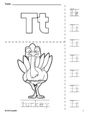 Free printable turkey Thanksgiving coloring page and letter tracing worksheet, letter t worksheet for preschool, pre-k, and kindergarten, PDF