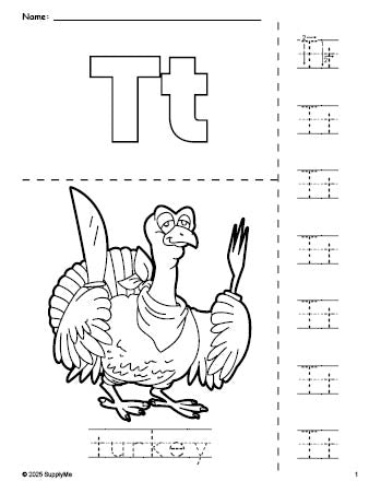 Free printable turkey Thanksgiving coloring page and letter tracing worksheet, letter t worksheet for preschool, pre-k, and kindergarten, PDF