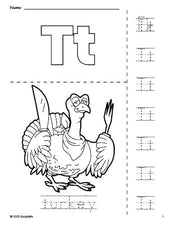 Free printable turkey Thanksgiving coloring page and letter tracing worksheet, letter t worksheet for preschool, pre-k, and kindergarten, PDF