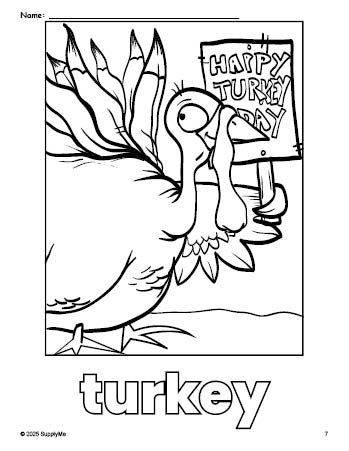 Free printable turkey Thanksgiving coloring page for preschool, pre-k, and kindergarten, PDF