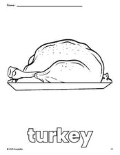 Free printable turkey Thanksgiving coloring page for preschool, pre-k, and kindergarten, PDF