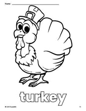 Free printable turkey Thanksgiving coloring page for preschool, pre-k, and kindergarten, PDF