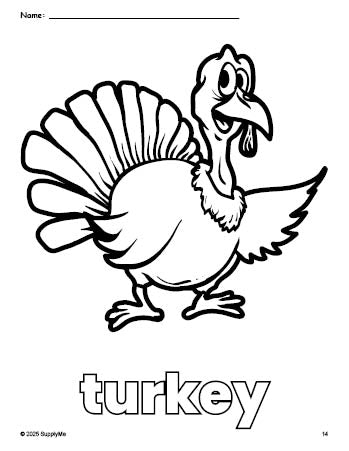 Free printable turkey Thanksgiving coloring page for preschool, pre-k, and kindergarten, PDF