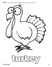 Free printable turkey Thanksgiving coloring page for preschool, pre-k, and kindergarten, PDF