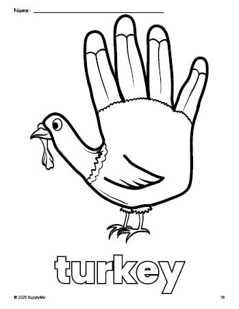 Free printable turkey Thanksgiving coloring page for preschool, pre-k, and kindergarten, PDF